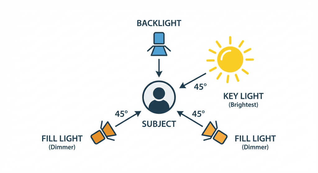  A clean, minimalist vector diagram of a 3-Point Lighting Setup. A central subject. A "Key Light" (brightest) at 45 degrees. A "Fill Light" (dimmer) on the opposite side. A "Backlight" behind the subject. Labels are clear and professional. 
