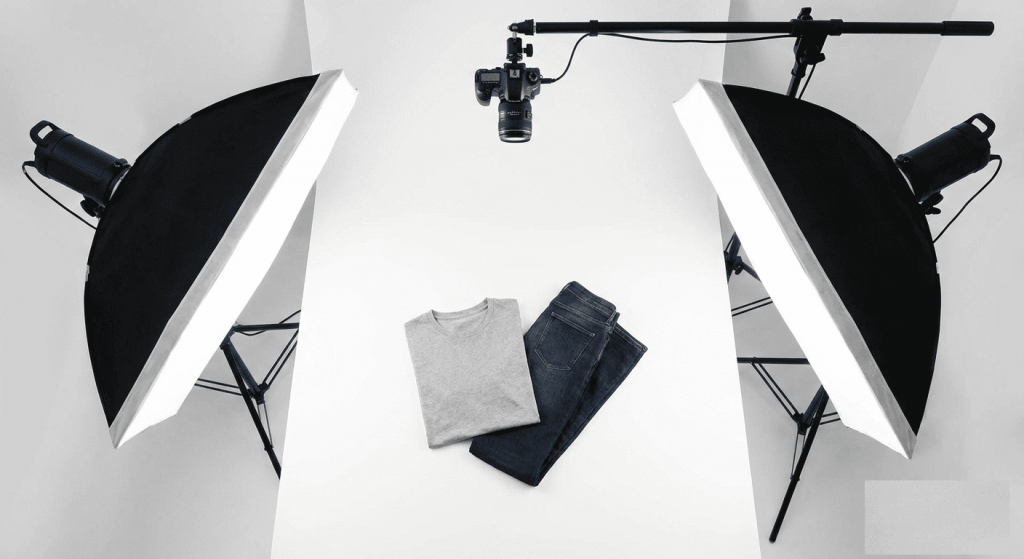 A professional "Flat Lay" photography setup for e-commerce. A folded t-shirt and jeans are arranged neatly on a white table. Two softboxes on stands are positioned on the left and right, angled down at 45 degrees to illuminate the clothes evenly. No shadows. 