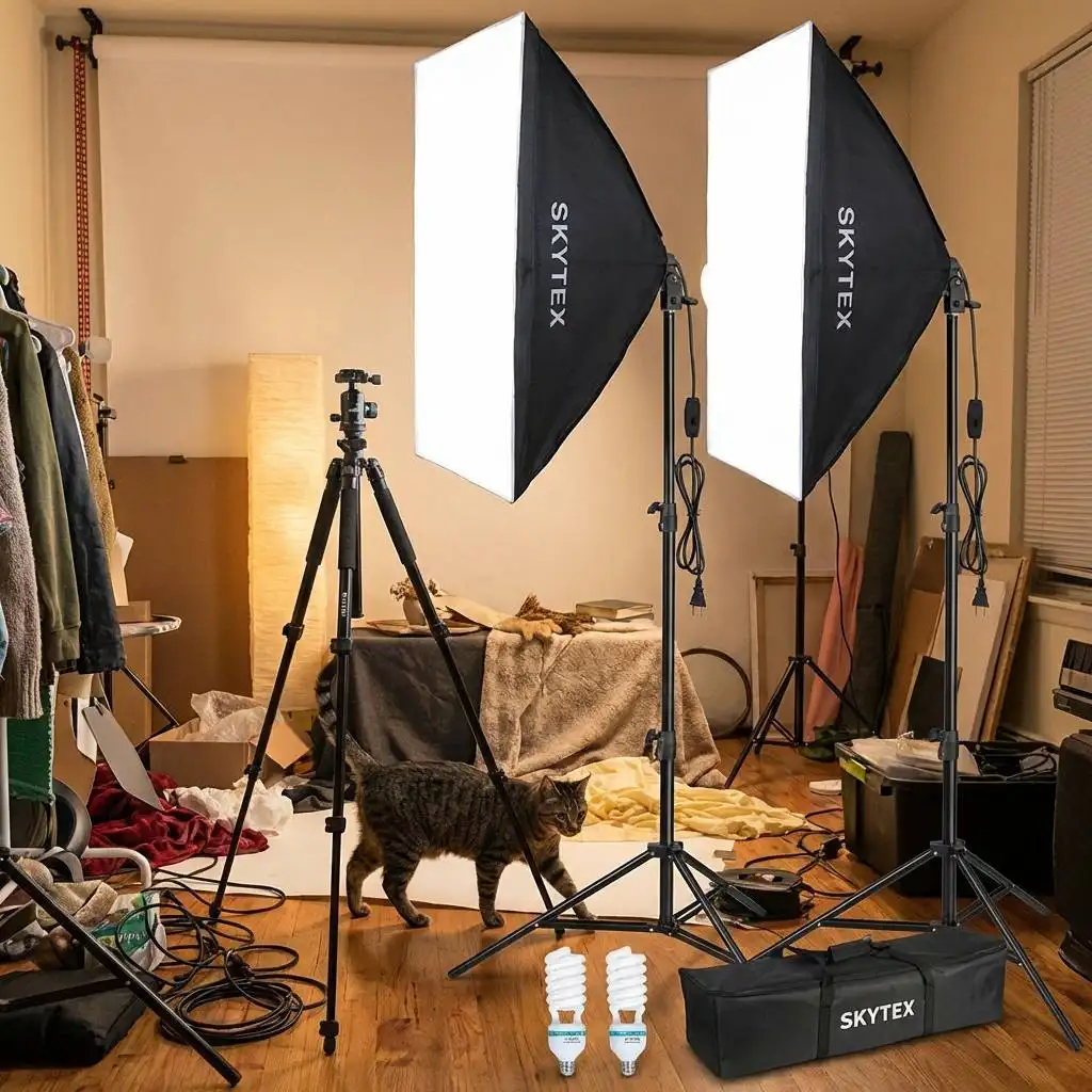 Cat walking past a precarious tripod in a cluttered home studio.