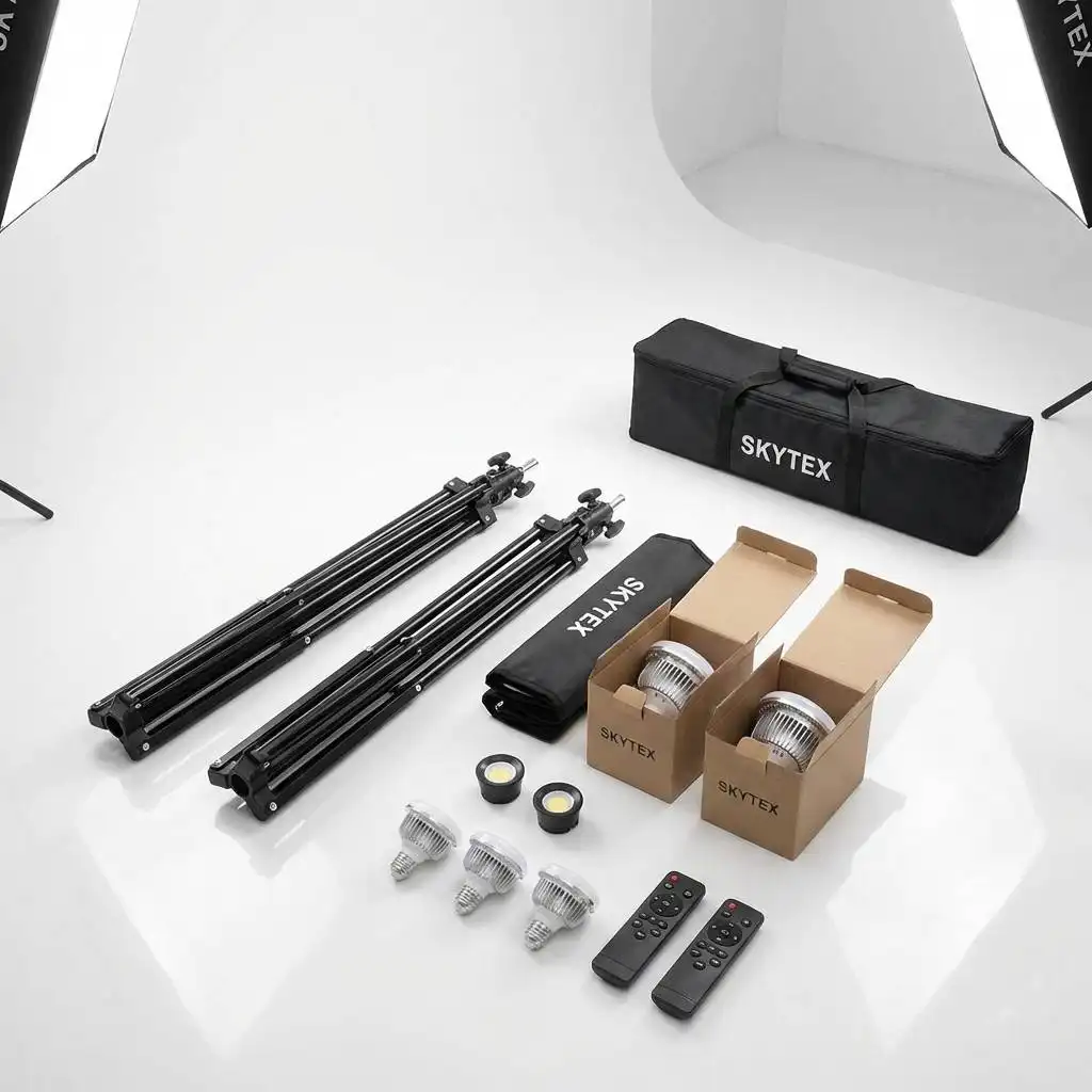 Professional photography lighting kit components including folded stands and boxed bulbs neatly organized on a polished, bright studio floor. Professional photography lighting kit components including folded stands and boxed bulbs neatly organized on a polished, bright studio floor.