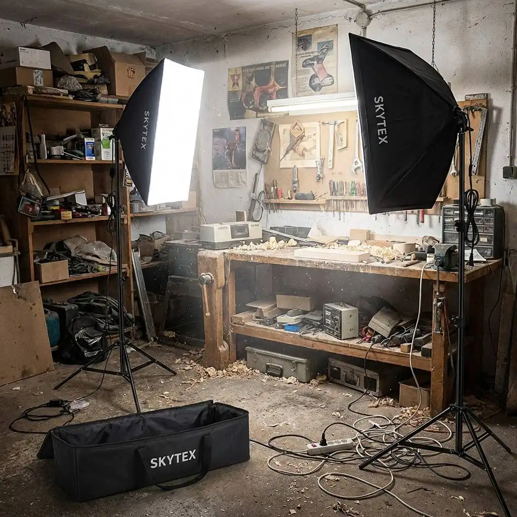 Studio lights illuminate a cluttered garage home studio with messy cables and a dusty workspace.