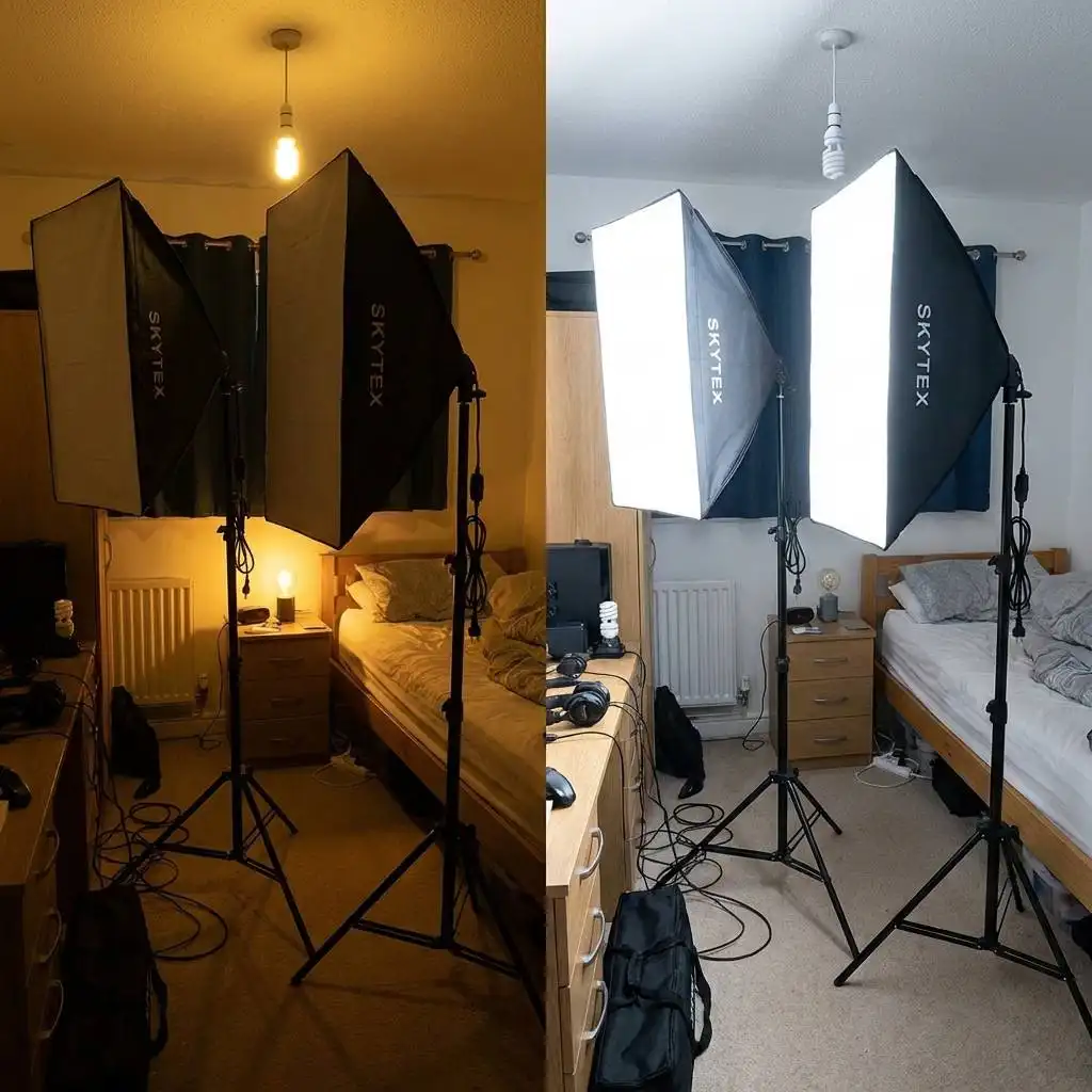 Side-by-side comparison of a bedroom studio contrasting dim yellow lighting with bright white light from Skytex bulbs.