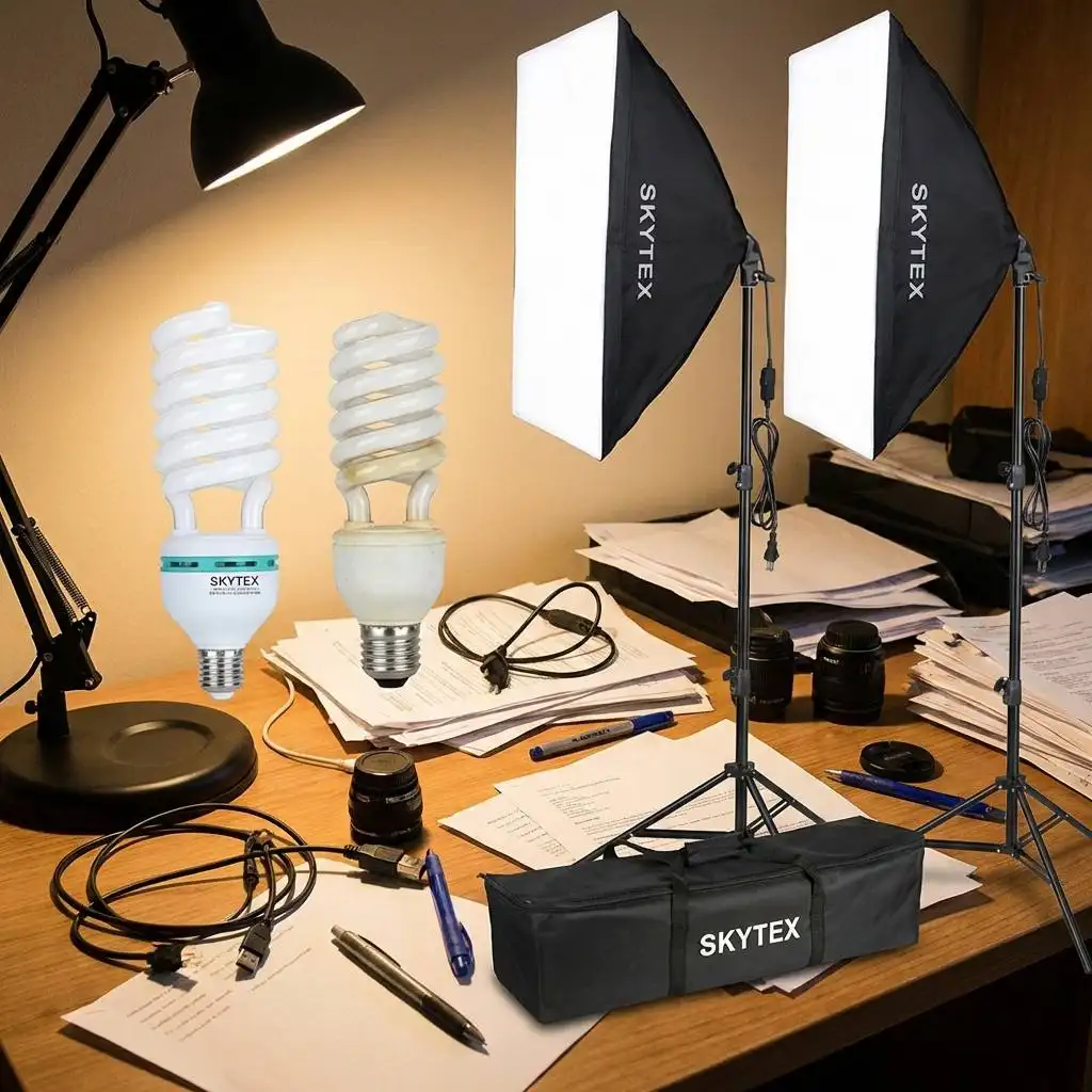 A polished Skytex bulb sits next to a rough, unbranded generic bulb on a messy desk for a side-by-side quality comparison.