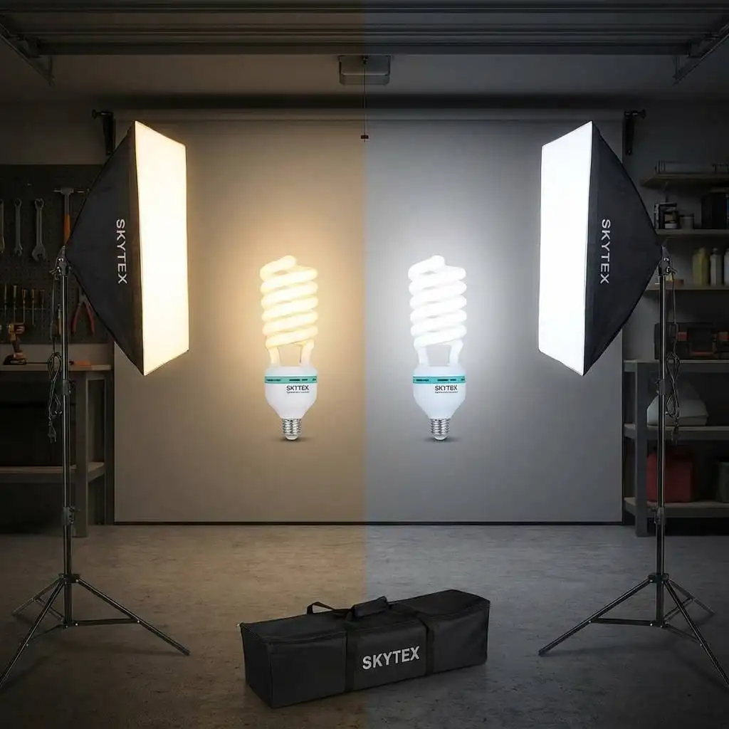 Side-by-side comparison of Skytex light bulbs demonstrating color temperature against a neutral grey wall in a garage studio. Side-by-side comparison of Skytex light bulbs demonstrating color temperature against a neutral grey wall in a garage studio.