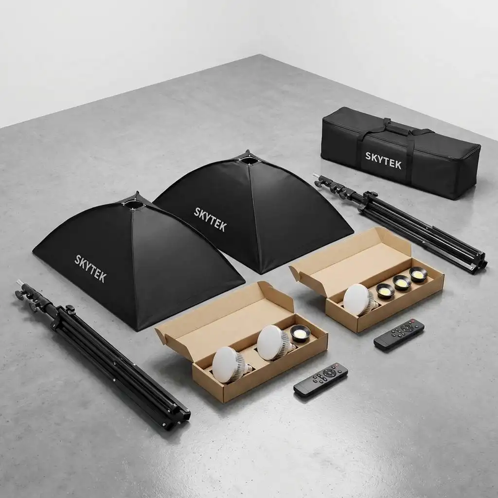 Unpacked professional photography lighting kit with folded stands and boxed bulbs neatly arranged on a polished, clean studio floor. Unpacked professional photography lighting kit with folded stands and boxed bulbs neatly arranged on a polished, clean studio floor.