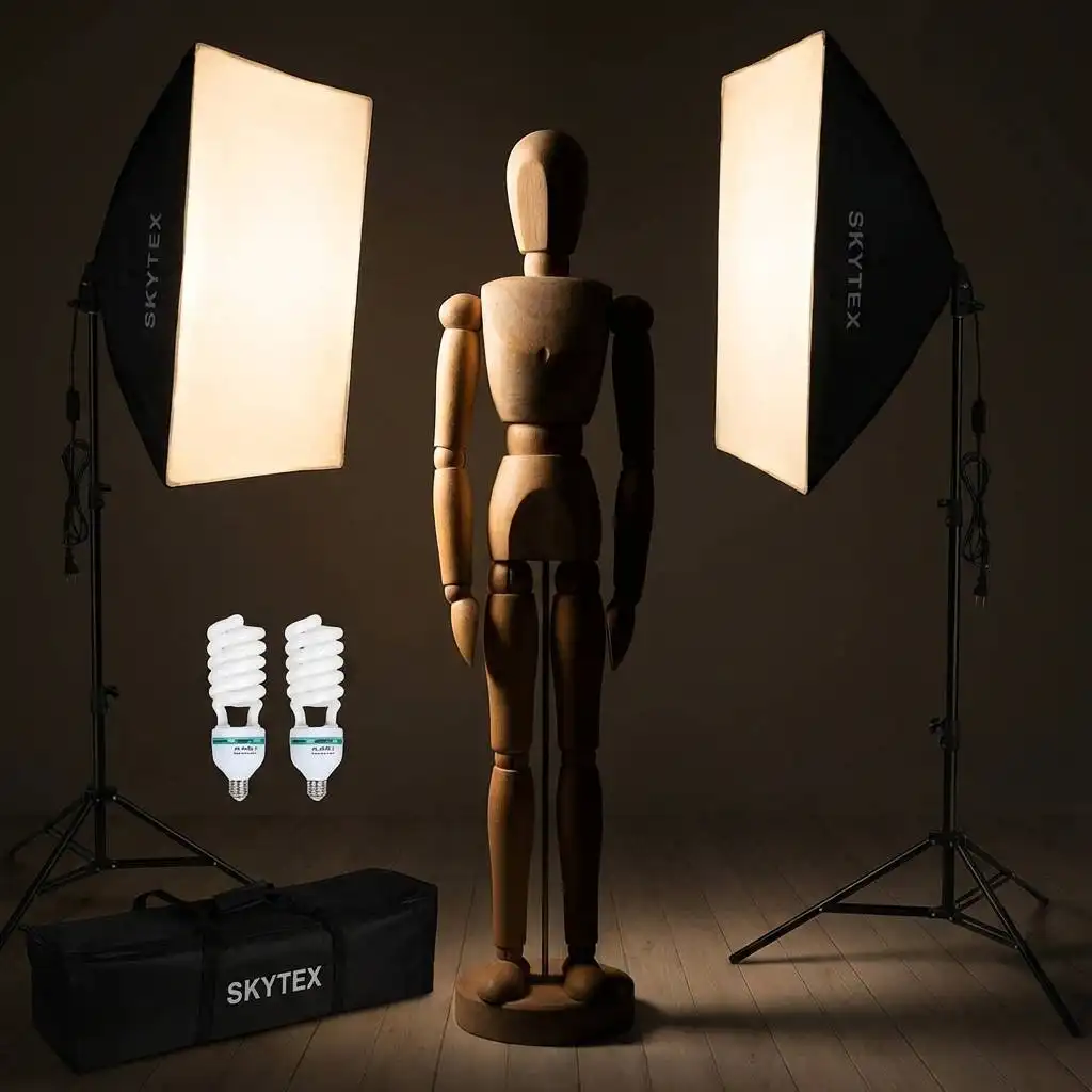 Wooden mannequin in a dim room illuminated by Skytex softboxes, creating a dramatic contrast between bright highlights and deep shadows. Wooden mannequin in a dim room illuminated by Skytex softboxes, creating a dramatic contrast between bright highlights and deep shadows.