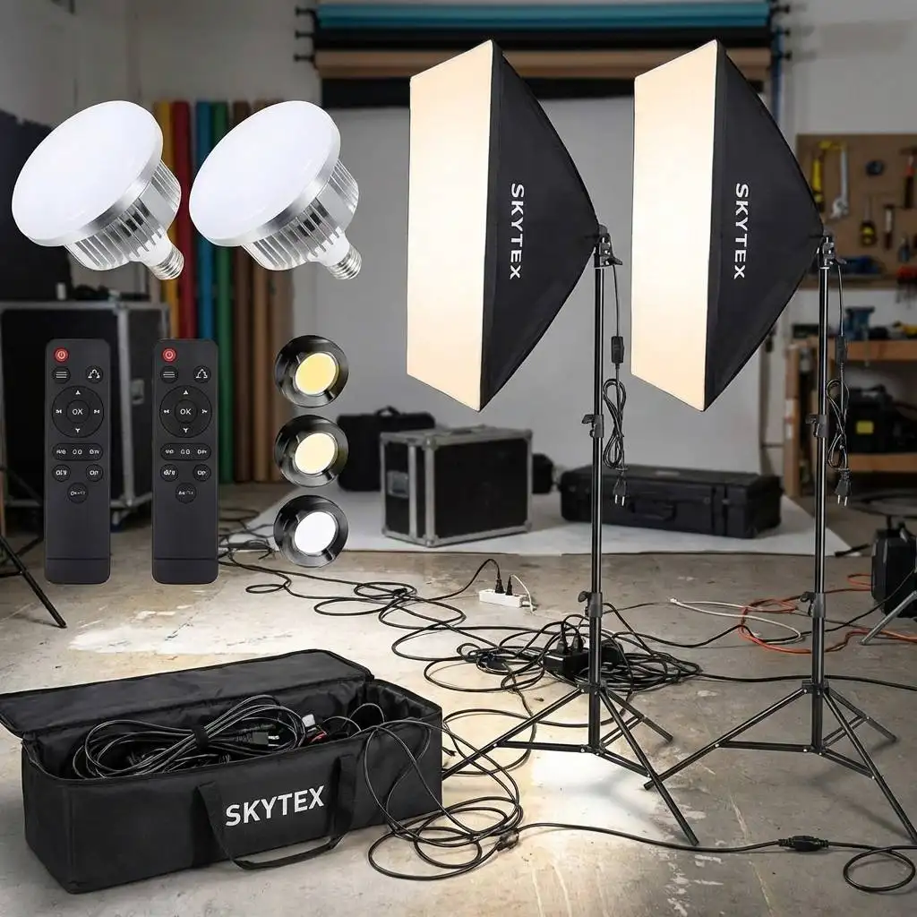 Unpacked equipment kit and cables scattered across a studio floor with a carrying bag in the foreground. Unpacked equipment kit and cables scattered across a studio floor with a carrying bag in the foreground.